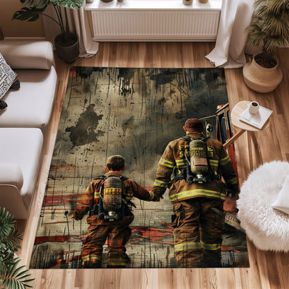 Bold Fire Truck in Front of the USA Flag Area Rug: Show Support for First Responders and Nation, Firefighter Rugs for Living Room Bedroom, Firefighter Rectangular Rugs Full Size FR60