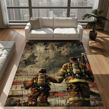 Bold Fire Truck in Front of the USA Flag Area Rug: Show Support for First Responders and Nation, Firefighter Rugs for Living Room Bedroom, Firefighter Rectangular Rugs Full Size FR60