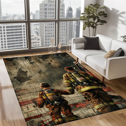 Bold Fire Truck in Front of the USA Flag Area Rug: Show Support for First Responders and Nation, Firefighter Rugs for Living Room Bedroom, Firefighter Rectangular Rugs Full Size FR60