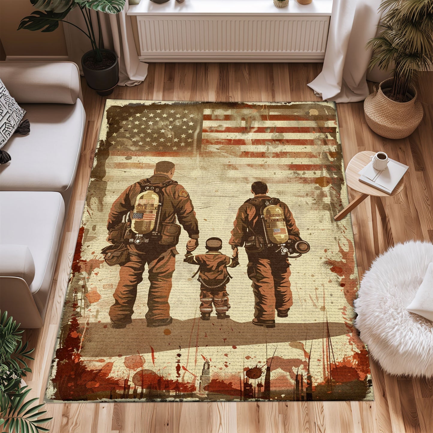 Bold Fire Truck in Front of the USA Flag Area Rug: Show Support for First Responders and Nation, Firefighter Rugs for Living Room Bedroom, Firefighter Rectangular Rugs Full Size FR60