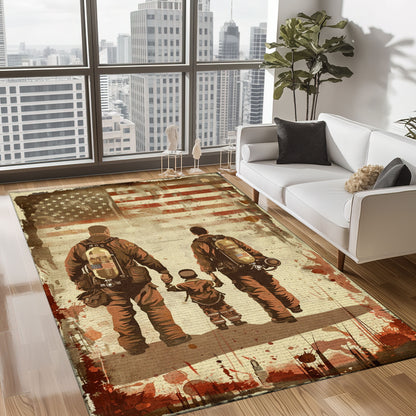 Bold Fire Truck in Front of the USA Flag Area Rug: Show Support for First Responders and Nation, Firefighter Rugs for Living Room Bedroom, Firefighter Rectangular Rugs Full Size FR60