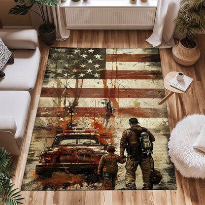 Bold Fire Truck in Front of the USA Flag Area Rug: Show Support for First Responders and Nation, Firefighter Rugs for Living Room Bedroom, Firefighter Rectangular Rugs Full Size FR60