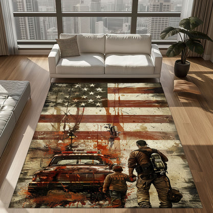 Bold Fire Truck in Front of the USA Flag Area Rug: Show Support for First Responders and Nation, Firefighter Rugs for Living Room Bedroom, Firefighter Rectangular Rugs Full Size FR60