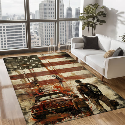 Bold Fire Truck in Front of the USA Flag Area Rug: Show Support for First Responders and Nation, Firefighter Rugs for Living Room Bedroom, Firefighter Rectangular Rugs Full Size FR60