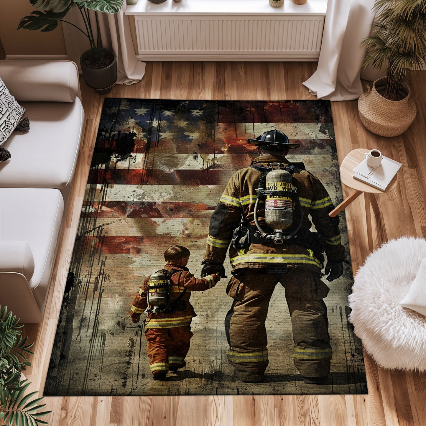 Bold Fire Truck in Front of the USA Flag Area Rug: Show Support for First Responders and Nation, Firefighter Rugs for Living Room Bedroom, Firefighter Rectangular Rugs Full Size FR60