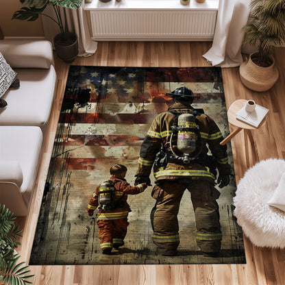 Bold Fire Truck in Front of the USA Flag Area Rug: Show Support for First Responders and Nation, Firefighter Rugs for Living Room Bedroom, Firefighter Rectangular Rugs Full Size FR60