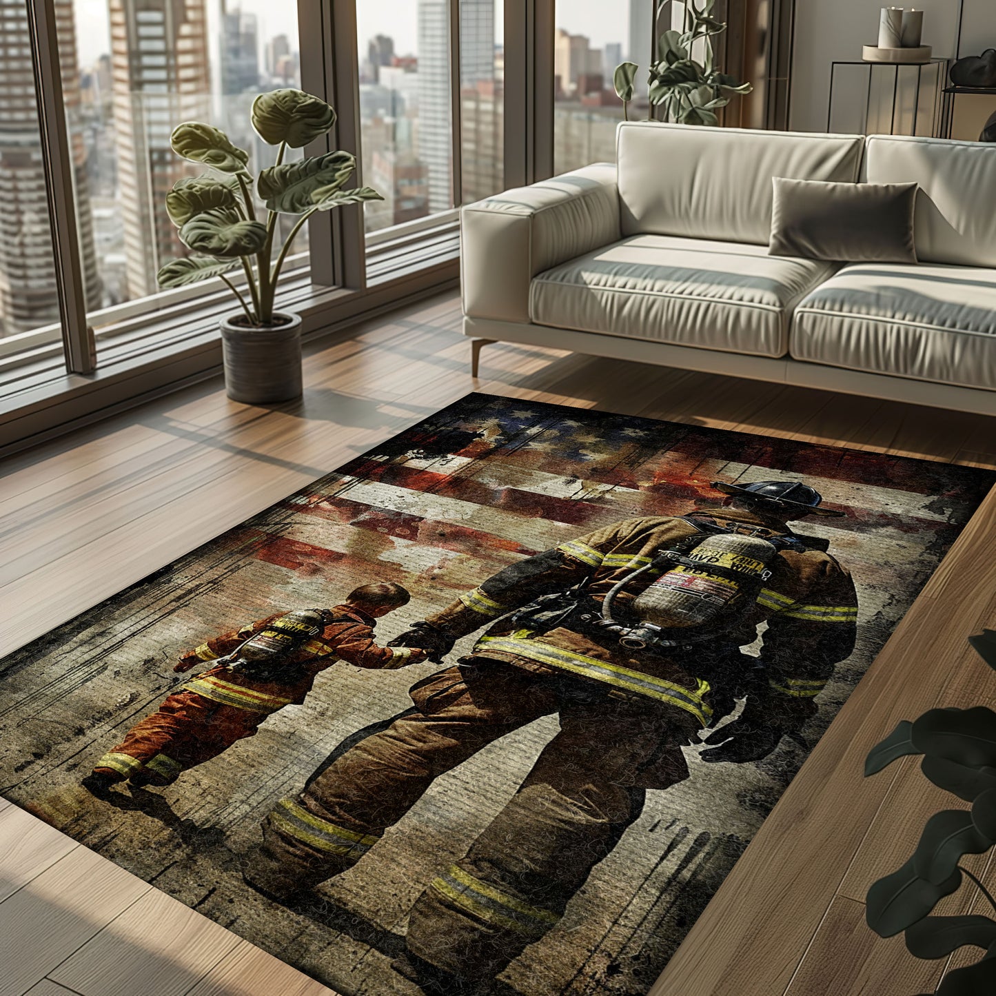 Bold Fire Truck in Front of the USA Flag Area Rug: Show Support for First Responders and Nation, Firefighter Rugs for Living Room Bedroom, Firefighter Rectangular Rugs Full Size FR60