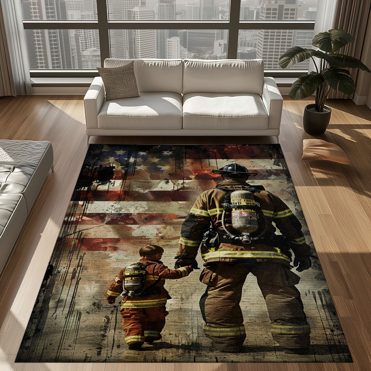 Bold Fire Truck in Front of the USA Flag Area Rug: Show Support for First Responders and Nation, Firefighter Rugs for Living Room Bedroom, Firefighter Rectangular Rugs Full Size FR60