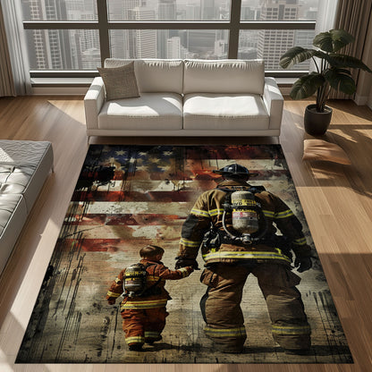 Bold Fire Truck in Front of the USA Flag Area Rug: Show Support for First Responders and Nation, Firefighter Rugs for Living Room Bedroom, Firefighter Rectangular Rugs Full Size FR60