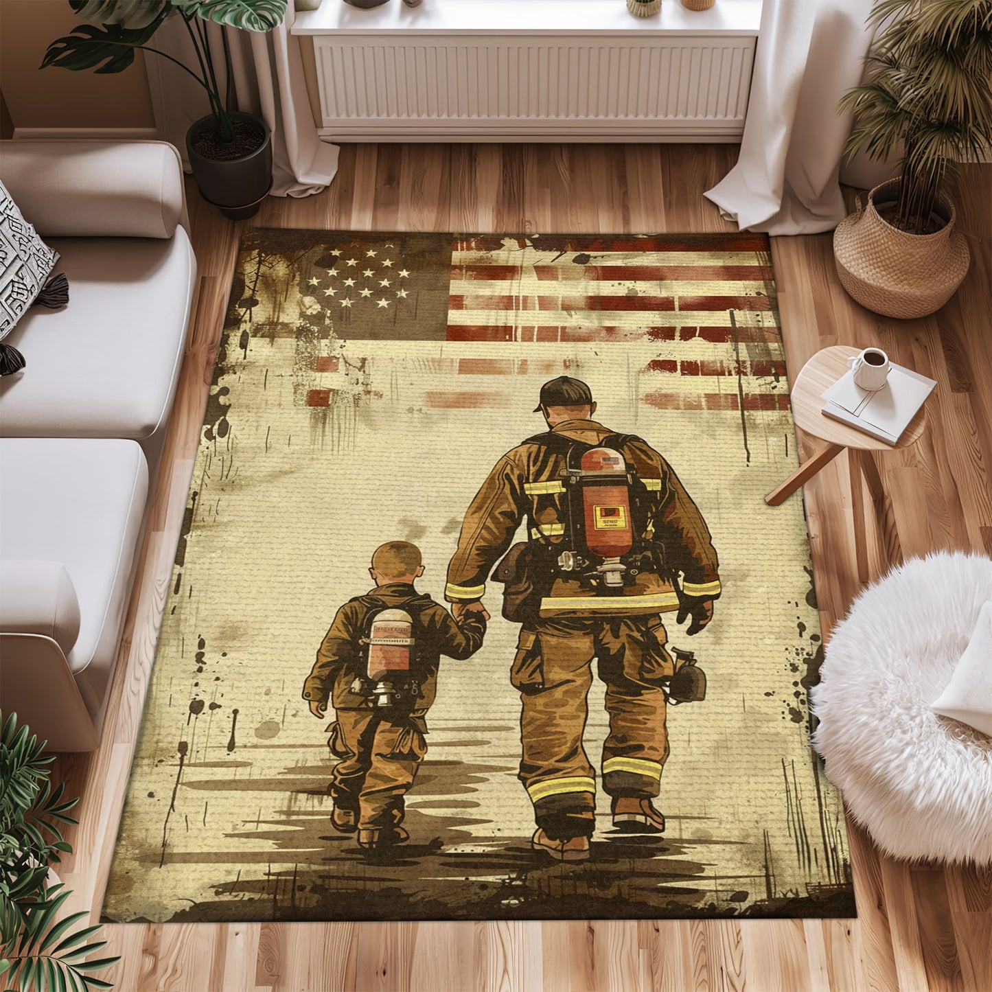 Bold Fire Truck in Front of the USA Flag Area Rug: Show Support for First Responders and Nation, Firefighter Rugs for Living Room Bedroom, Firefighter Rectangular Rugs Full Size FR60