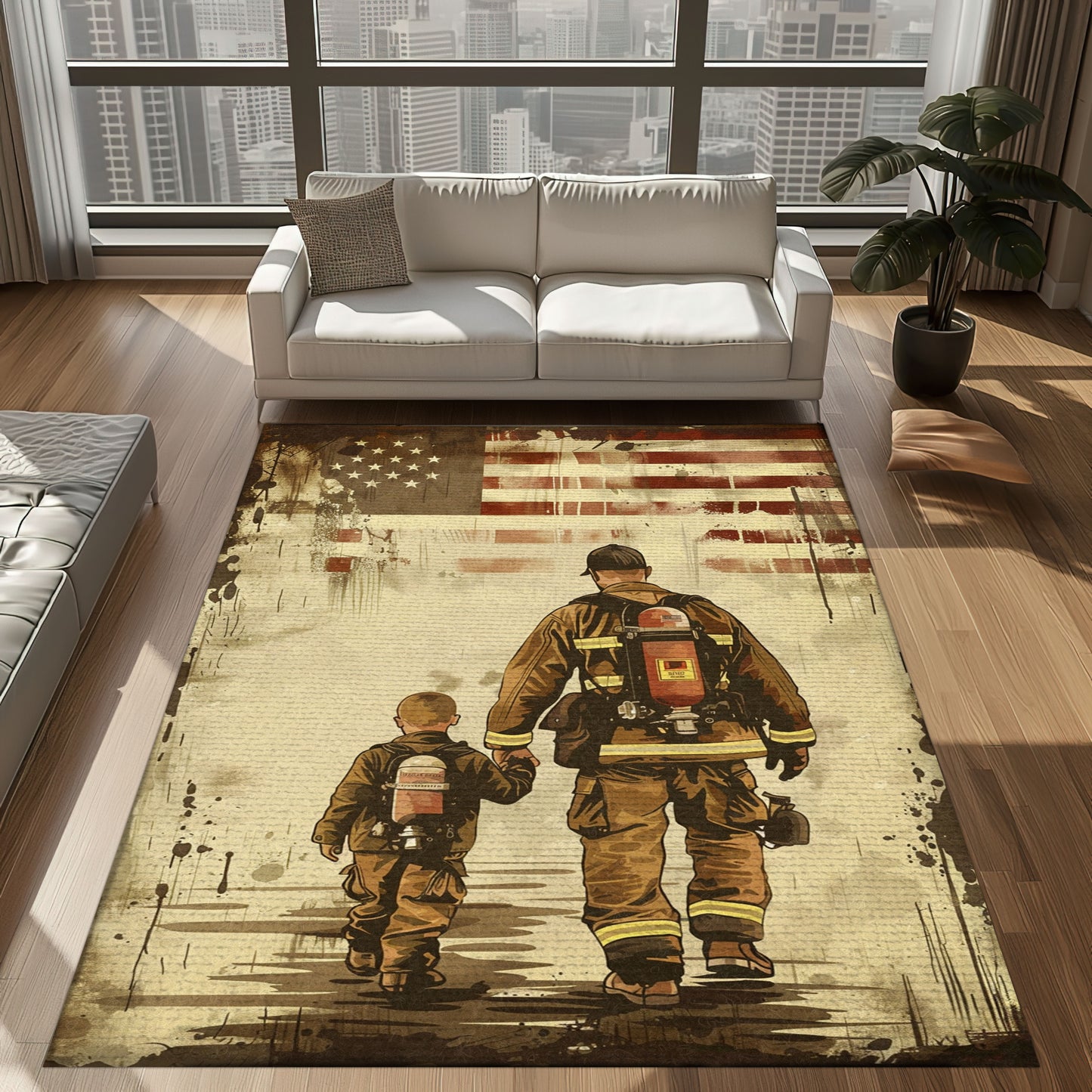 Bold Fire Truck in Front of the USA Flag Area Rug: Show Support for First Responders and Nation, Firefighter Rugs for Living Room Bedroom, Firefighter Rectangular Rugs Full Size FR60