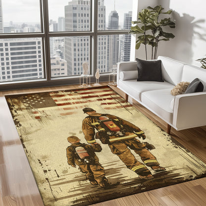 Bold Fire Truck in Front of the USA Flag Area Rug: Show Support for First Responders and Nation, Firefighter Rugs for Living Room Bedroom, Firefighter Rectangular Rugs Full Size FR60