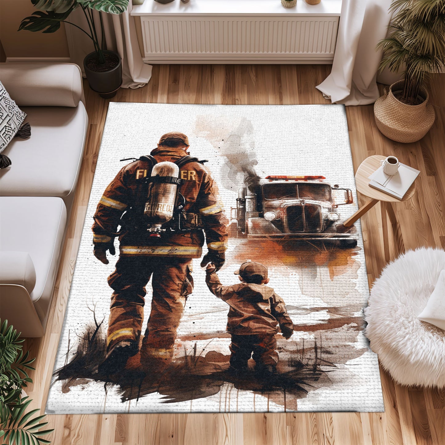 Bold Fire Truck in Front of the USA Flag Area Rug: Show Support for First Responders and Nation, Firefighter Rugs for Living Room Bedroom, Firefighter Rectangular Rugs Full Size FR60