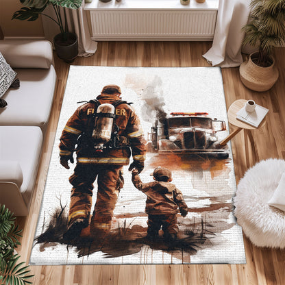 Bold Fire Truck in Front of the USA Flag Area Rug: Show Support for First Responders and Nation, Firefighter Rugs for Living Room Bedroom, Firefighter Rectangular Rugs Full Size FR60