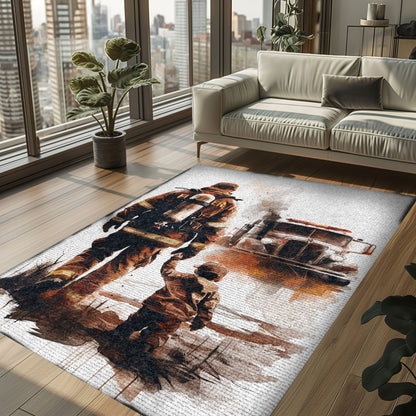 Bold Fire Truck in Front of the USA Flag Area Rug: Show Support for First Responders and Nation, Firefighter Rugs for Living Room Bedroom, Firefighter Rectangular Rugs Full Size FR60