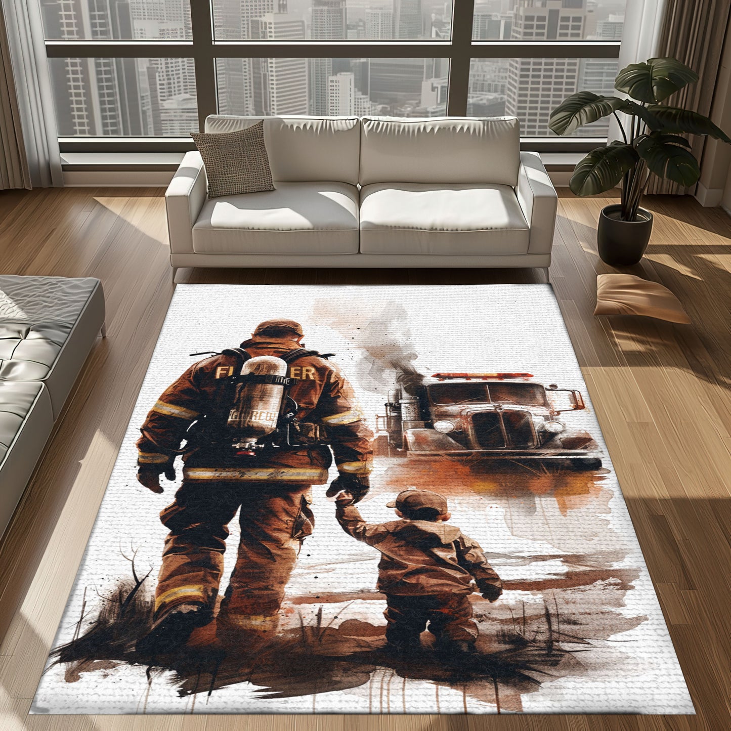 Bold Fire Truck in Front of the USA Flag Area Rug: Show Support for First Responders and Nation, Firefighter Rugs for Living Room Bedroom, Firefighter Rectangular Rugs Full Size FR60