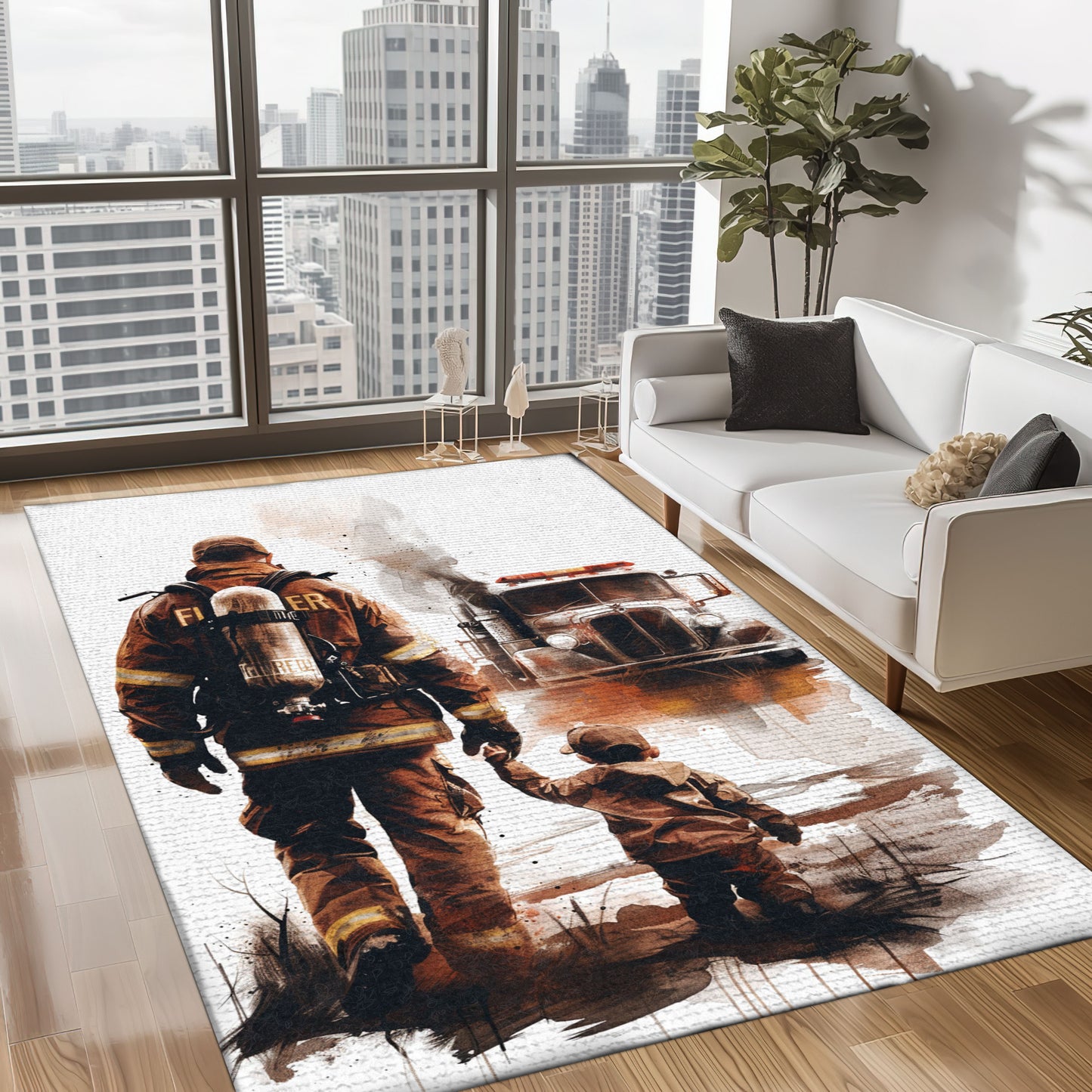 Honoring Heroes: Dad Fire Fighter and Son Firefighter Personalized Area Rug, Firefighter Rugs for Living Room Bedroom, Firefighter Rectangular Rugs Full Size FR83