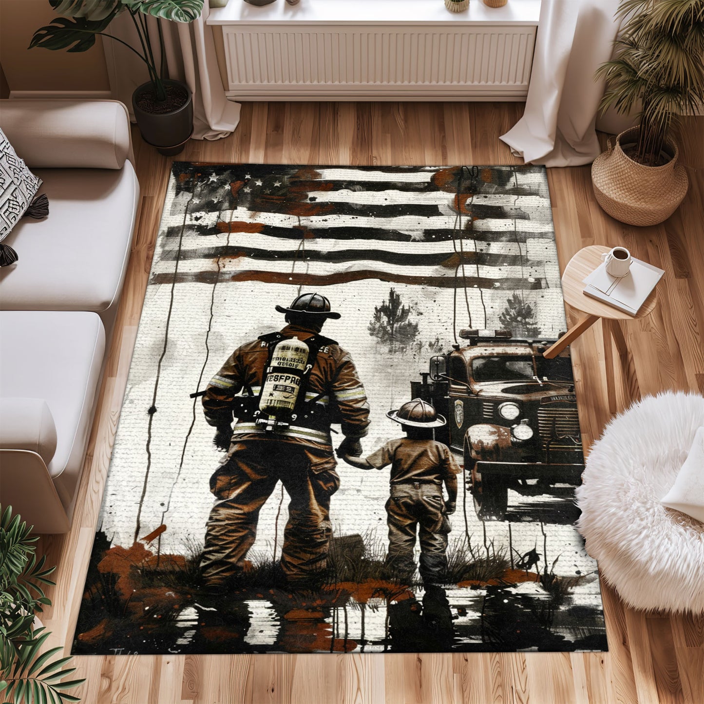 Bold Fire Truck in Front of the USA Flag Area Rug: Show Support for First Responders and Nation, Firefighter Rugs for Living Room Bedroom, Firefighter Rectangular Rugs Full Size FR60