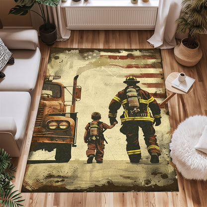 Bold Fire Truck in Front of the USA Flag Area Rug: Show Support for First Responders and Nation, Firefighter Rugs for Living Room Bedroom, Firefighter Rectangular Rugs Full Size FR60