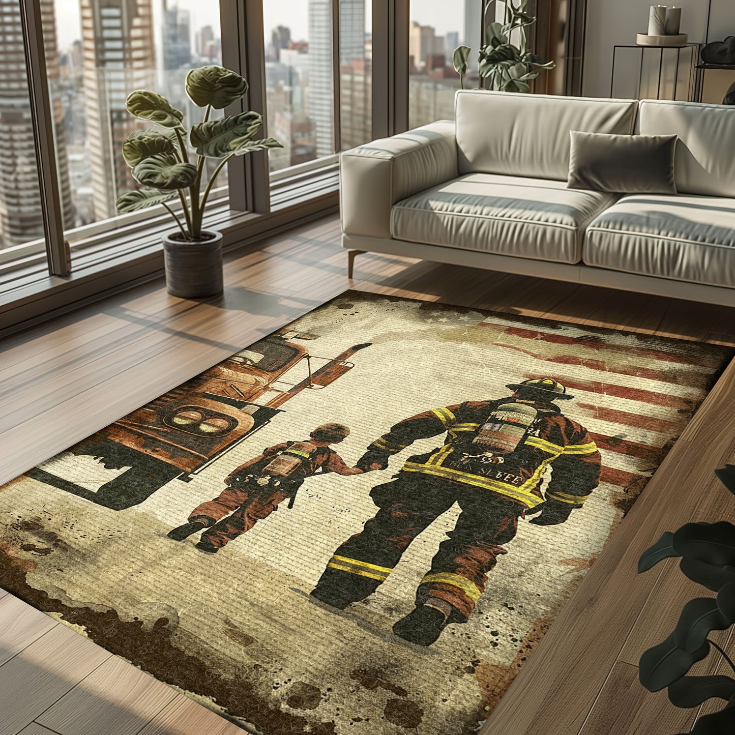 Bold Fire Truck in Front of the USA Flag Area Rug: Show Support for First Responders and Nation, Firefighter Rugs for Living Room Bedroom, Firefighter Rectangular Rugs Full Size FR60