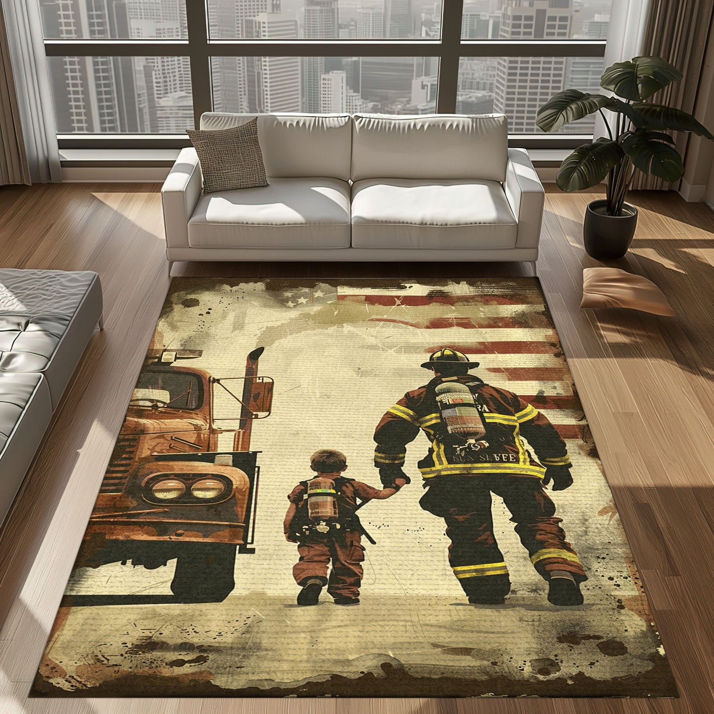 Bold Fire Truck in Front of the USA Flag Area Rug: Show Support for First Responders and Nation, Firefighter Rugs for Living Room Bedroom, Firefighter Rectangular Rugs Full Size FR60