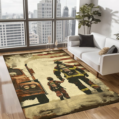 Bold Fire Truck in Front of the USA Flag Area Rug: Show Support for First Responders and Nation, Firefighter Rugs for Living Room Bedroom, Firefighter Rectangular Rugs Full Size FR60