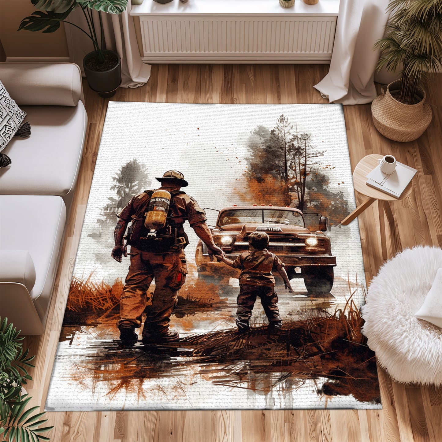 Bold Fire Truck in Front of the USA Flag Area Rug: Show Support for First Responders and Nation, Firefighter Rugs for Living Room Bedroom, Firefighter Rectangular Rugs Full Size FR60