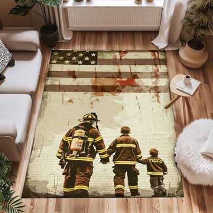 Bold Fire Truck in Front of the USA Flag Area Rug: Show Support for First Responders and Nation, Firefighter Rugs for Living Room Bedroom, Firefighter Rectangular Rugs Full Size FR60