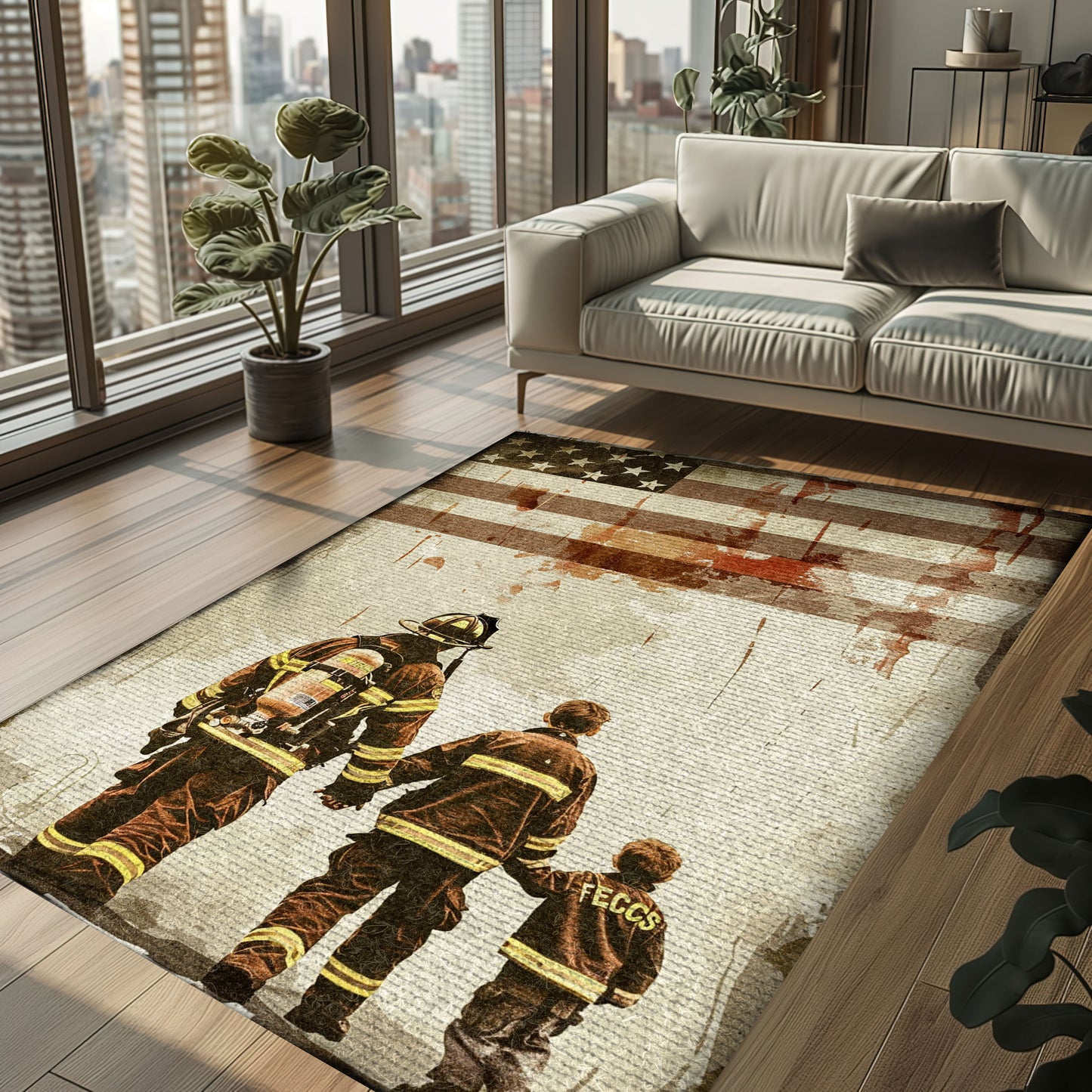 Heartwarming Dad Firefighter and Son Theme Personalized Rug: Pay Tribute to Family and Service, Firefighter Rugs for Living Room Bedroom, Firefighter Rectangular Rugs Full Size FR79