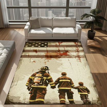 Bold Fire Truck in Front of the USA Flag Area Rug: Show Support for First Responders and Nation, Firefighter Rugs for Living Room Bedroom, Firefighter Rectangular Rugs Full Size FR60