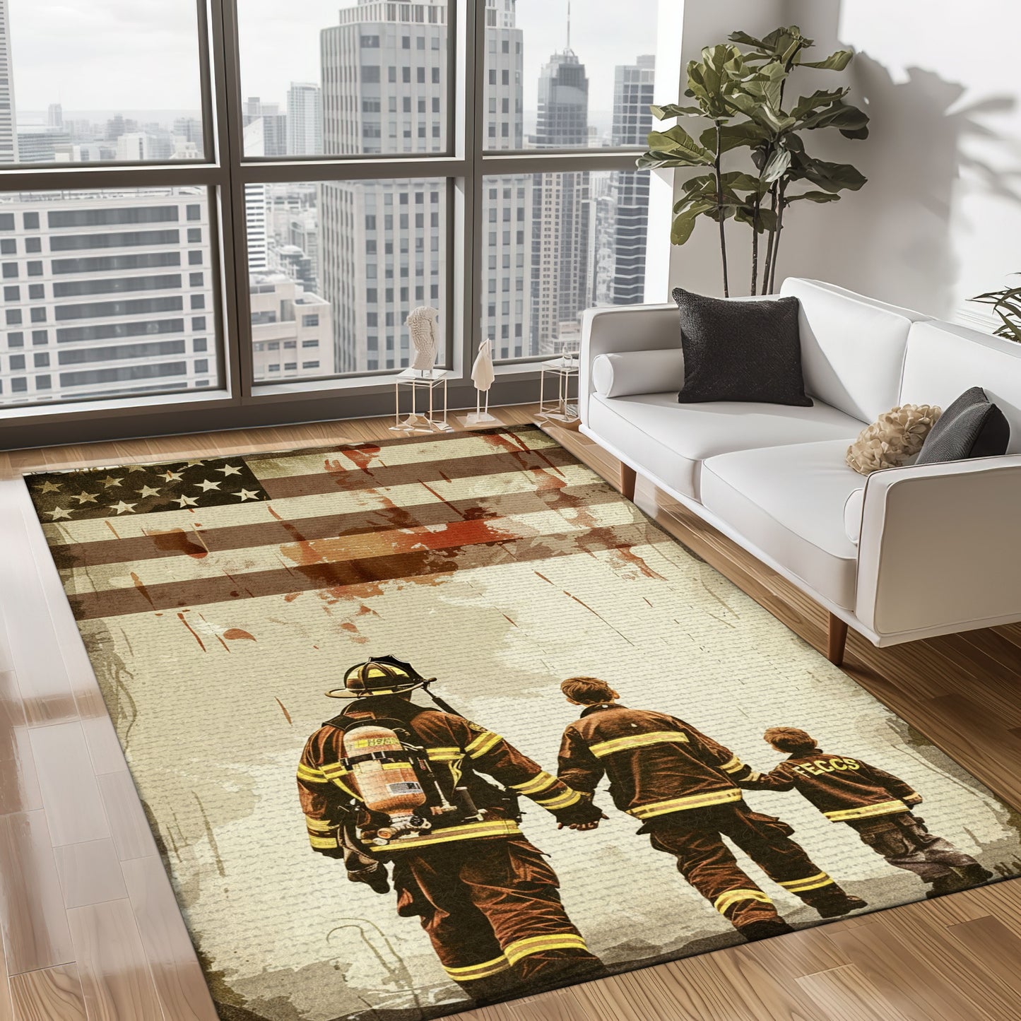 Bold Fire Truck in Front of the USA Flag Area Rug: Show Support for First Responders and Nation, Firefighter Rugs for Living Room Bedroom, Firefighter Rectangular Rugs Full Size FR60