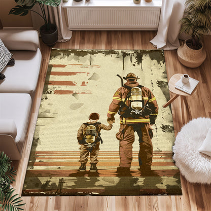 Bold Fire Truck in Front of the USA Flag Area Rug: Show Support for First Responders and Nation, Firefighter Rugs for Living Room Bedroom, Firefighter Rectangular Rugs Full Size FR60