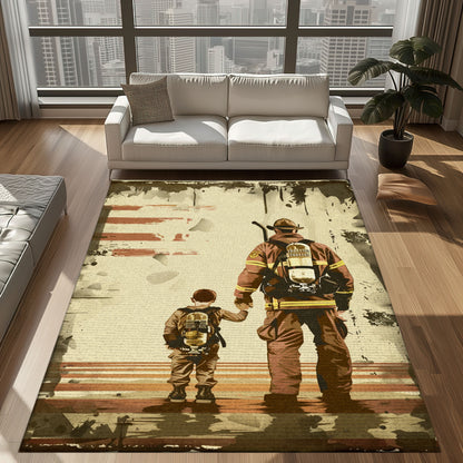 Bold Fire Truck in Front of the USA Flag Area Rug: Show Support for First Responders and Nation, Firefighter Rugs for Living Room Bedroom, Firefighter Rectangular Rugs Full Size FR60