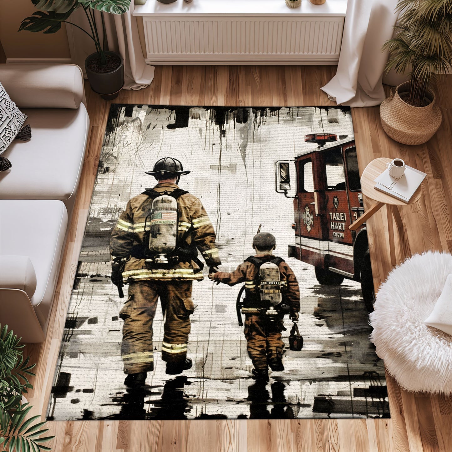 Bold Fire Truck in Front of the USA Flag Area Rug: Show Support for First Responders and Nation, Firefighter Rugs for Living Room Bedroom, Firefighter Rectangular Rugs Full Size FR60