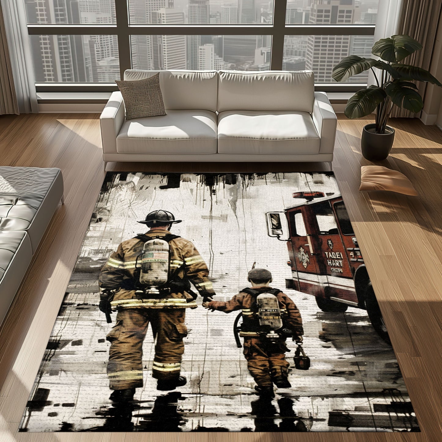 Bold Fire Truck in Front of the USA Flag Area Rug: Show Support for First Responders and Nation, Firefighter Rugs for Living Room Bedroom, Firefighter Rectangular Rugs Full Size FR60