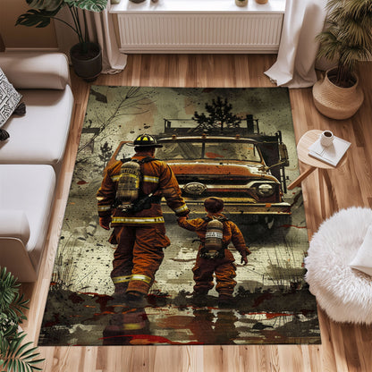 Bold Fire Truck in Front of the USA Flag Area Rug: Show Support for First Responders and Nation, Firefighter Rugs for Living Room Bedroom, Firefighter Rectangular Rugs Full Size FR60