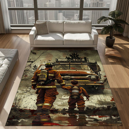 Bold Fire Truck in Front of the USA Flag Area Rug: Show Support for First Responders and Nation, Firefighter Rugs for Living Room Bedroom, Firefighter Rectangular Rugs Full Size FR60