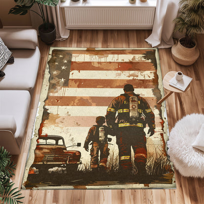 Bold Fire Truck in Front of the USA Flag Area Rug: Show Support for First Responders and Nation, Firefighter Rugs for Living Room Bedroom, Firefighter Rectangular Rugs Full Size FR60