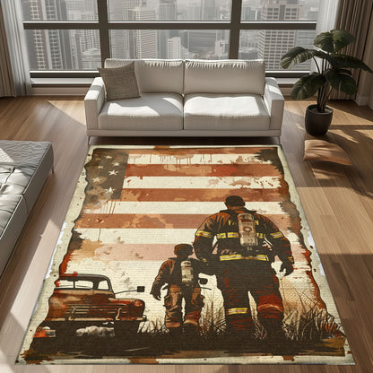 Bold Fire Truck in Front of the USA Flag Area Rug: Show Support for First Responders and Nation, Firefighter Rugs for Living Room Bedroom, Firefighter Rectangular Rugs Full Size FR60