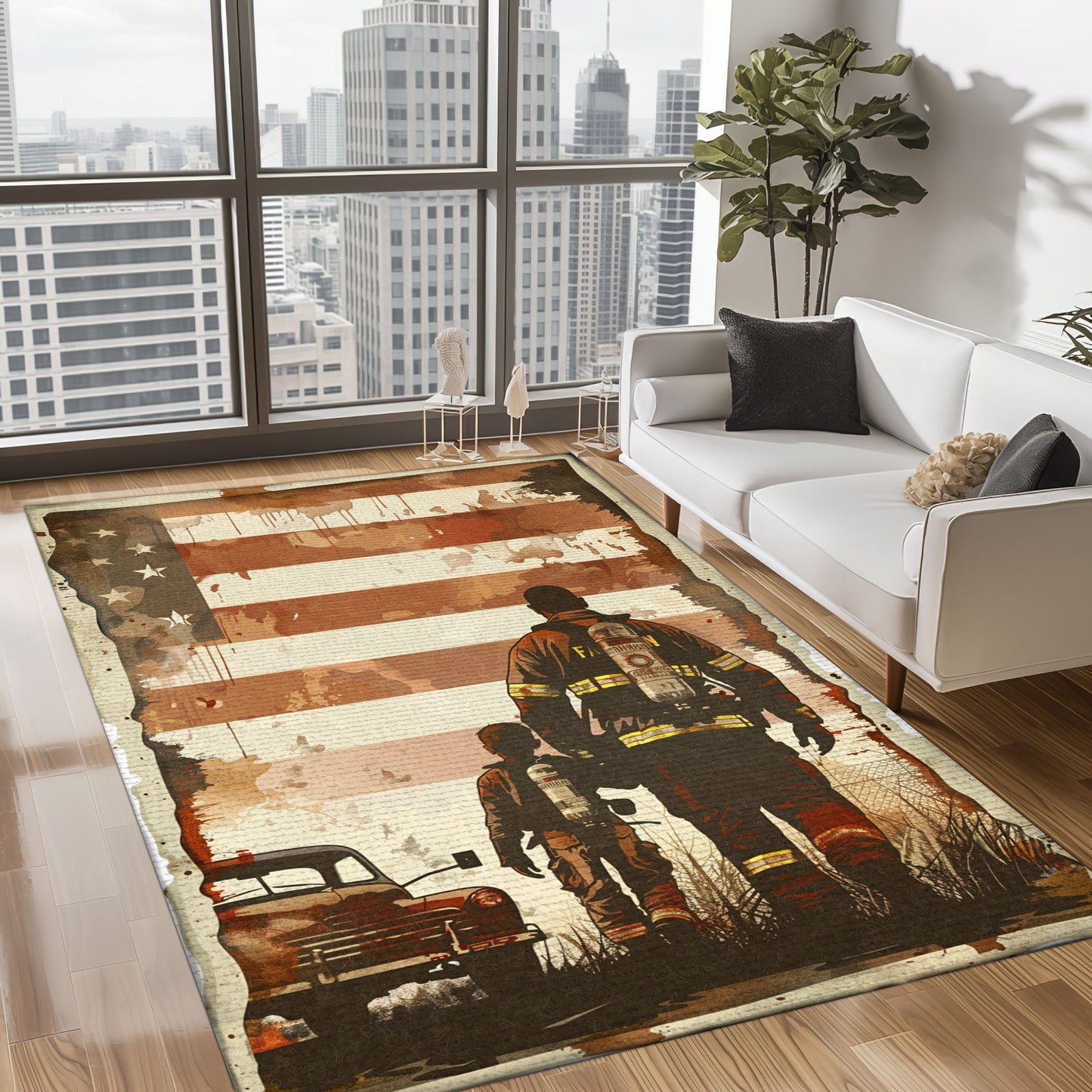 Bold Fire Truck in Front of the USA Flag Area Rug: Show Support for First Responders and Nation, Firefighter Rugs for Living Room Bedroom, Firefighter Rectangular Rugs Full Size FR60