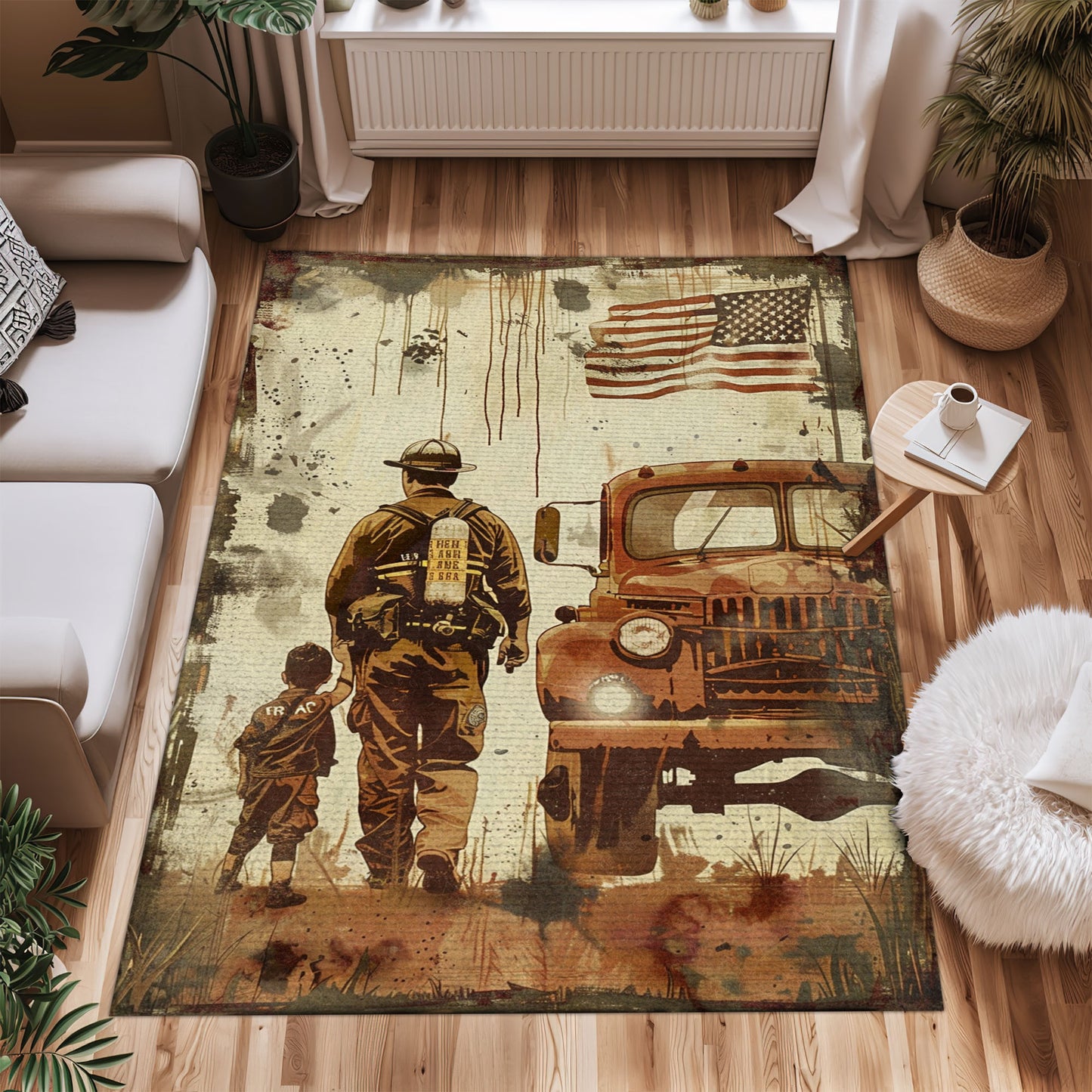 Bold Fire Truck in Front of the USA Flag Area Rug: Show Support for First Responders and Nation, Firefighter Rugs for Living Room Bedroom, Firefighter Rectangular Rugs Full Size FR60