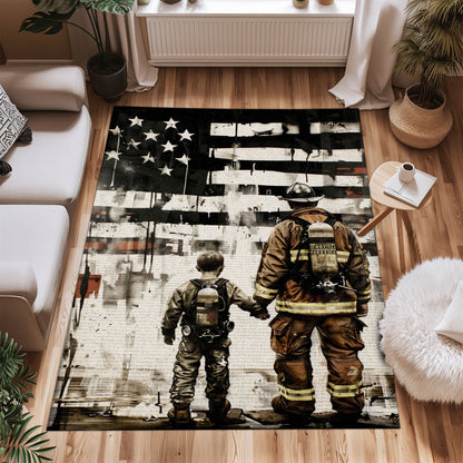 Bold Fire Truck in Front of the USA Flag Area Rug: Show Support for First Responders and Nation, Firefighter Rugs for Living Room Bedroom, Firefighter Rectangular Rugs Full Size FR60