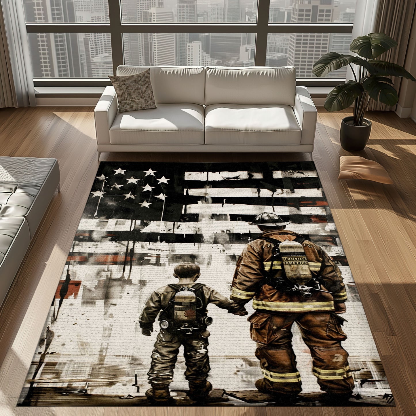 Bold Fire Truck in Front of the USA Flag Area Rug: Show Support for First Responders and Nation, Firefighter Rugs for Living Room Bedroom, Firefighter Rectangular Rugs Full Size FR60