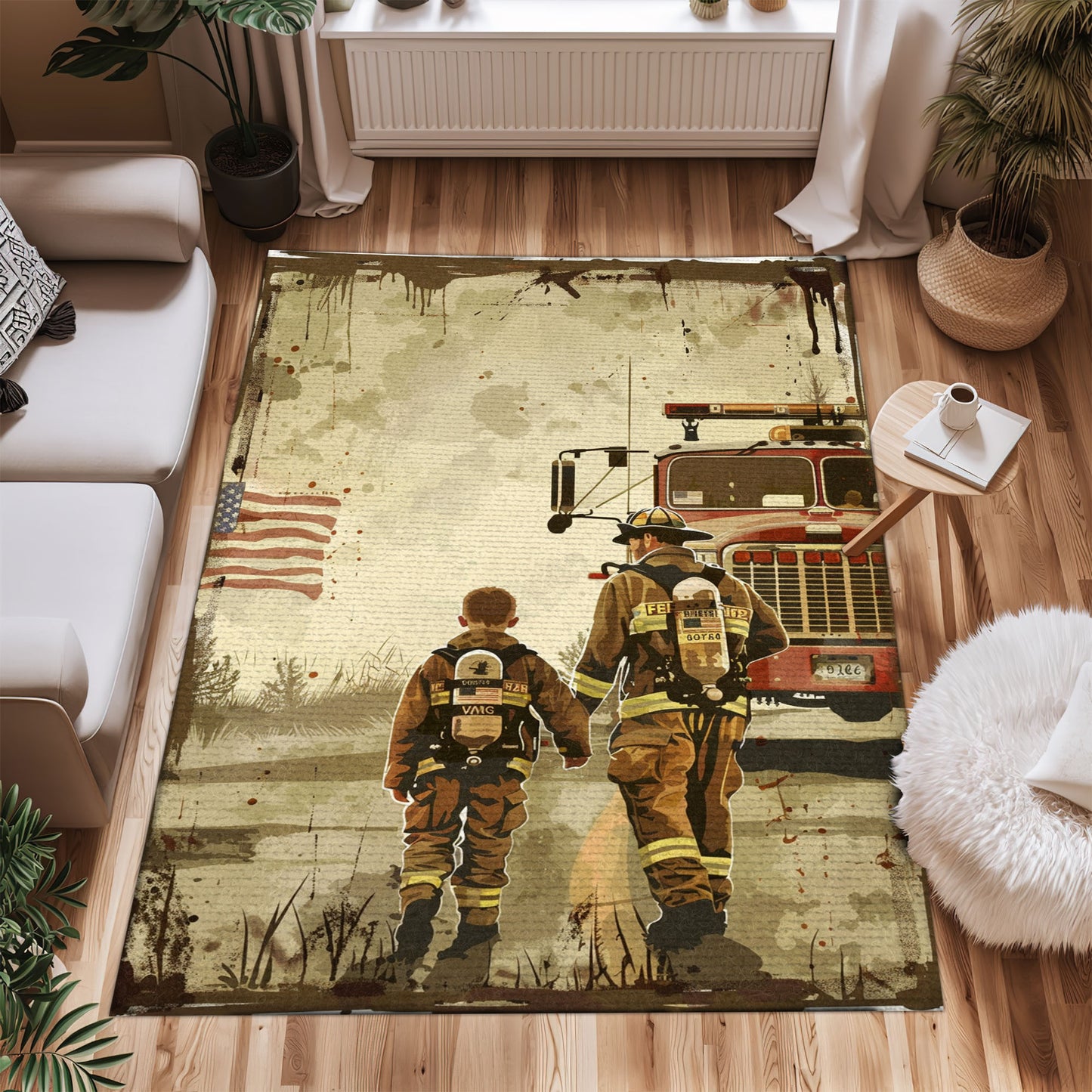 Bold Fire Truck in Front of the USA Flag Area Rug: Show Support for First Responders and Nation, Firefighter Rugs for Living Room Bedroom, Firefighter Rectangular Rugs Full Size FR60