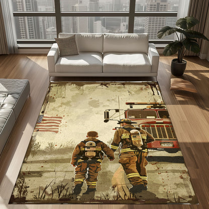 Bold Fire Truck in Front of the USA Flag Area Rug: Show Support for First Responders and Nation, Firefighter Rugs for Living Room Bedroom, Firefighter Rectangular Rugs Full Size FR60