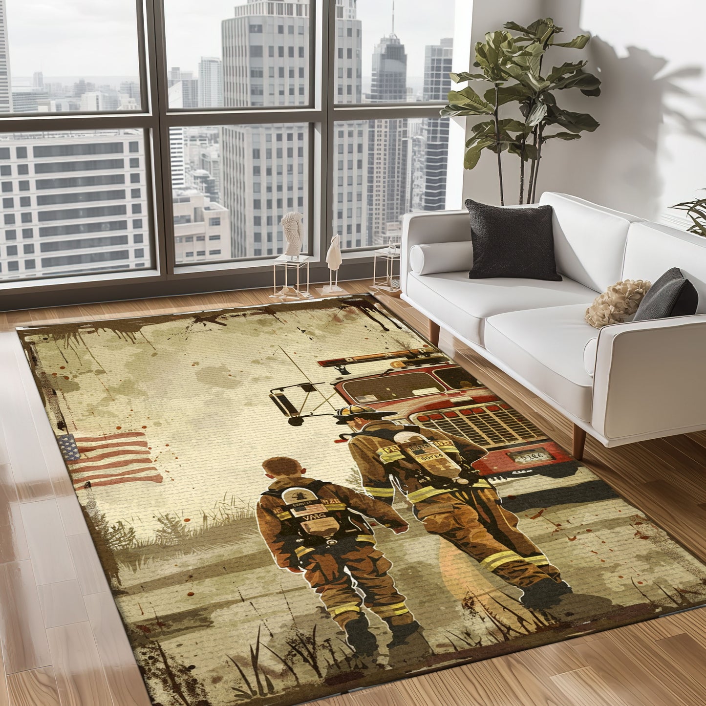 Bold Fire Truck in Front of the USA Flag Area Rug: Show Support for First Responders and Nation, Firefighter Rugs for Living Room Bedroom, Firefighter Rectangular Rugs Full Size FR60