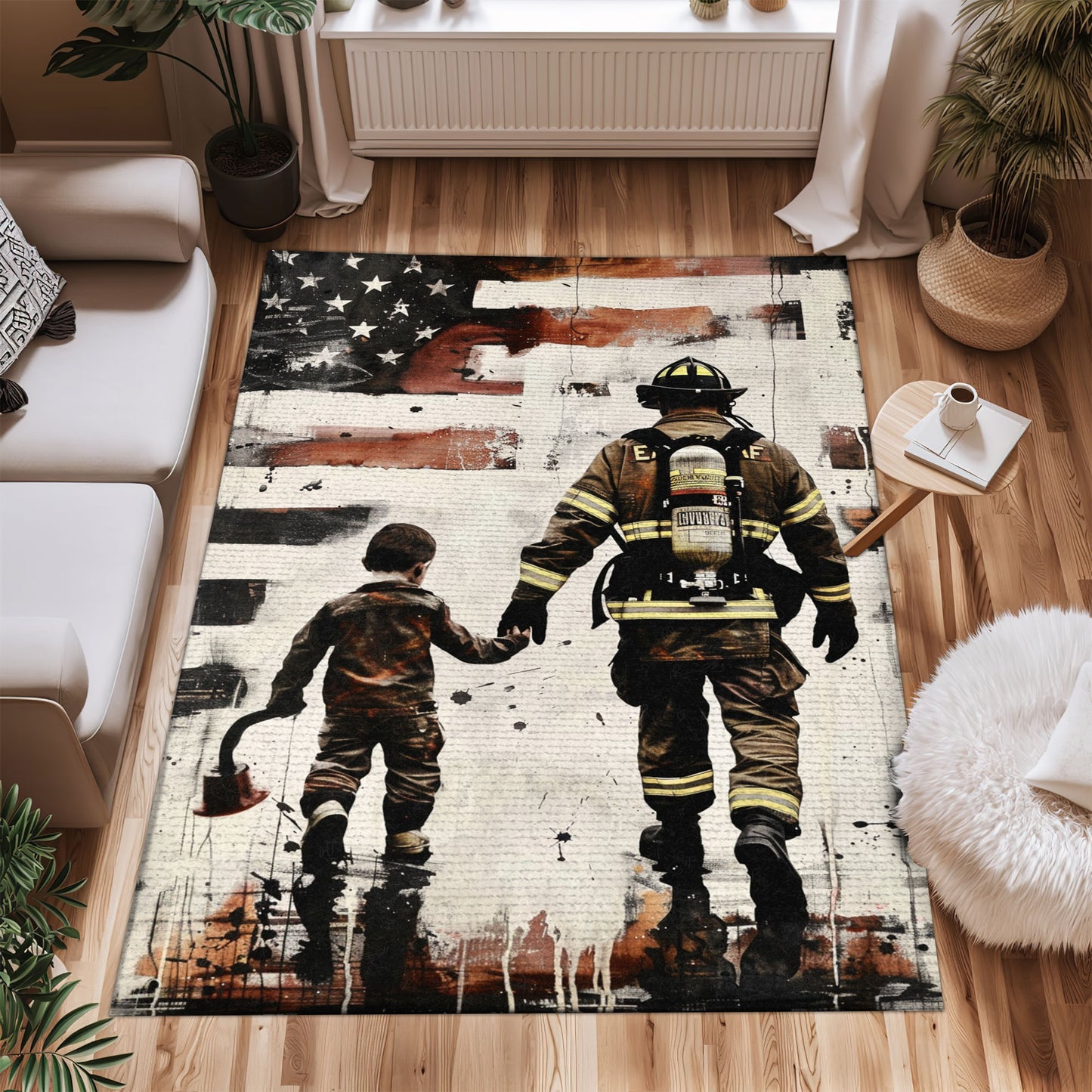 Bold Fire Truck in Front of the USA Flag Area Rug: Show Support for First Responders and Nation, Firefighter Rugs for Living Room Bedroom, Firefighter Rectangular Rugs Full Size FR60