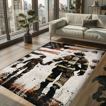 Bold Fire Truck in Front of the USA Flag Area Rug: Show Support for First Responders and Nation, Firefighter Rugs for Living Room Bedroom, Firefighter Rectangular Rugs Full Size FR60