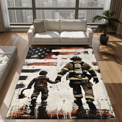 Bold Fire Truck in Front of the USA Flag Area Rug: Show Support for First Responders and Nation, Firefighter Rugs for Living Room Bedroom, Firefighter Rectangular Rugs Full Size FR60