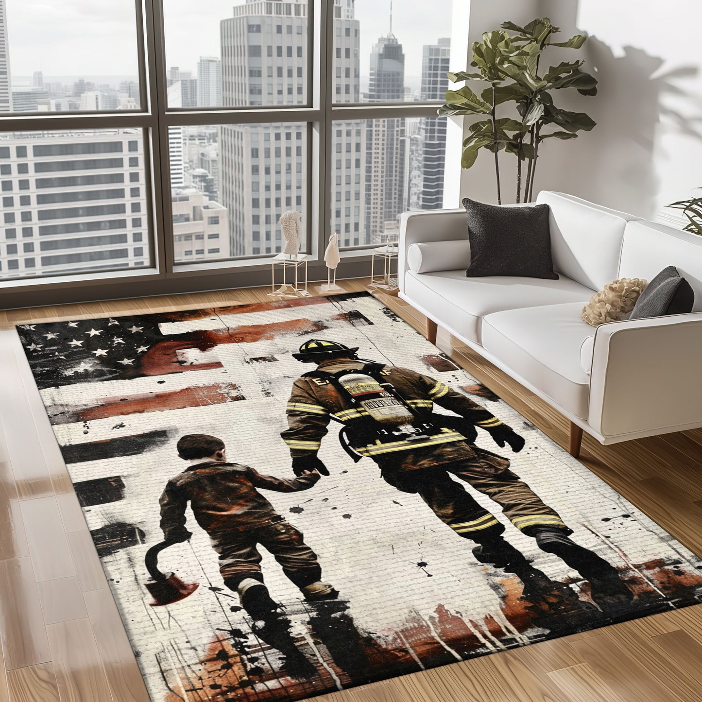 Bold Fire Truck in Front of the USA Flag Area Rug: Show Support for First Responders and Nation, Firefighter Rugs for Living Room Bedroom, Firefighter Rectangular Rugs Full Size FR60